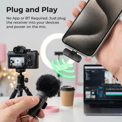 Wireless Lavalier Microphone with USB-C Receiver, Rechargeable Clip-On Mic for Smartphones, Tablets, Vlogging, Interviews and Audio Recording