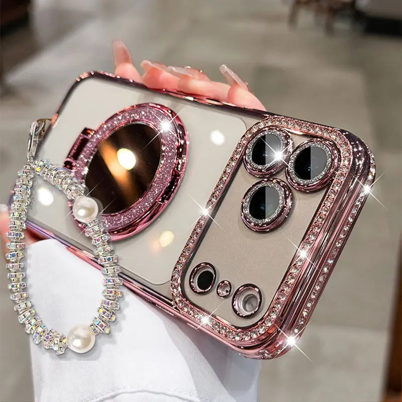 Women'S Transparent HD Phone Case for Iphone 12/13 Pro/14 Plus/14/15/16/17/18 Pro Max,17 Air,15/16 plus - Mirror Design, Handheld Stand, Shiny Frame, Shockproof Full-Body Shell, Drop Resistant Phone Accessories