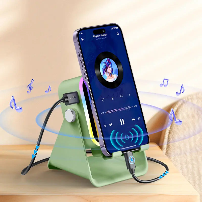 PUTARE Wireless Induction Audio Speaker Stand, 5In1 Cellphone Holder, 3500Mah Rechargeable Emergency Power Bank,360° Adjustable Mobile Tablet Stand with Colorful Ambient Light Gifts for Men Women,