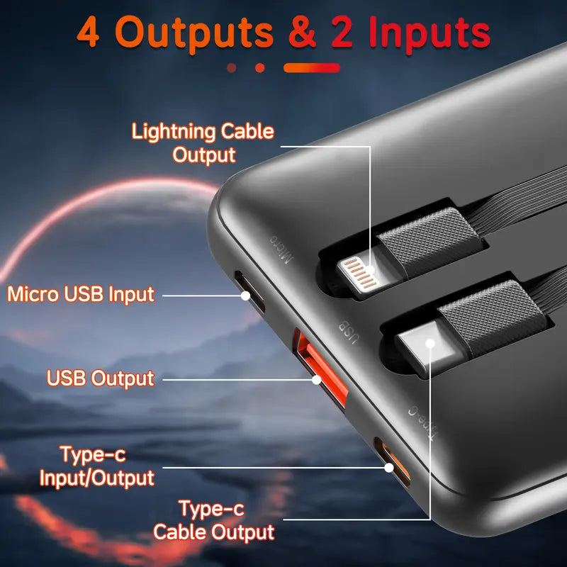 10000Mah Compact Lightweight Rechargeable Portable Charger - 22.5W Fast Chargeable Phone Accessory, Built-In Cables for Smartphone, Iphone, Samsung, Google Pixel, LG, Moto, Ipad, USB-A, Micro USB Digital Devices