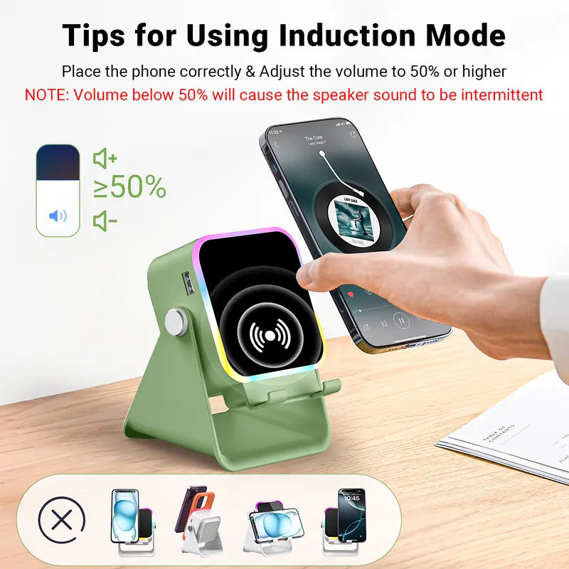 PUTARE Wireless Induction Audio Speaker Stand, 5In1 Cellphone Holder, 3500Mah Rechargeable Emergency Power Bank,360° Adjustable Mobile Tablet Stand with Colorful Ambient Light Gifts for Men Women,