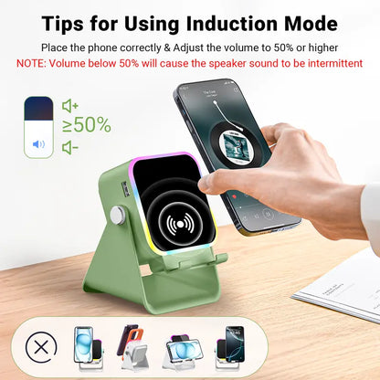 PUTARE Wireless Induction Audio Speaker Stand, 5In1 Cellphone Holder, 3500Mah Rechargeable Emergency Power Bank,360° Adjustable Mobile Tablet Stand with Colorful Ambient Light Gifts for Men Women,