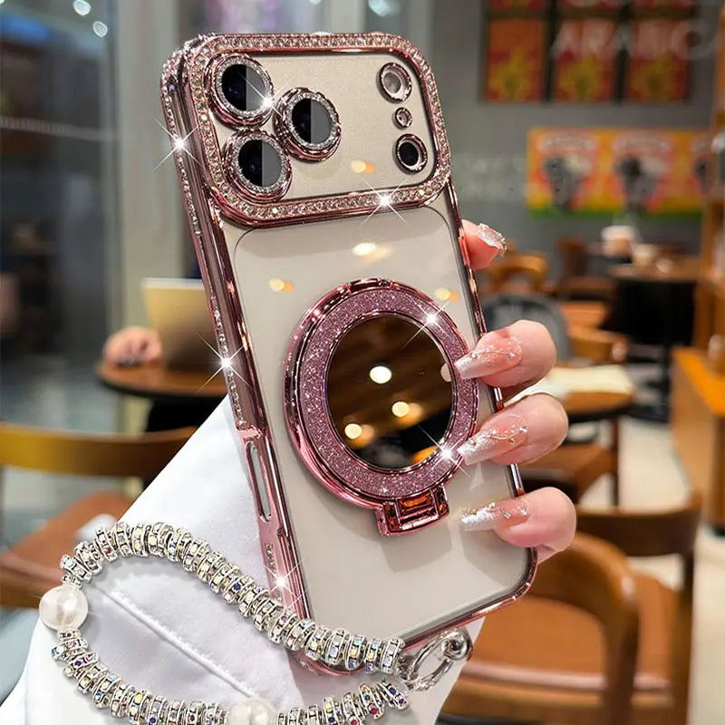 Women'S Transparent HD Phone Case for Iphone 12/13 Pro/14 Plus/14/15/16/17/18 Pro Max,17 Air,15/16 plus - Mirror Design, Handheld Stand, Shiny Frame, Shockproof Full-Body Shell, Drop Resistant Phone Accessories