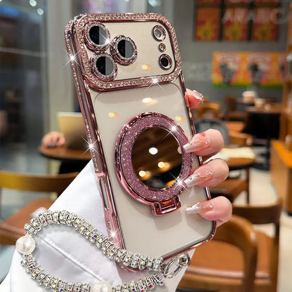 Women'S Transparent HD Phone Case for Iphone 12/13 Pro/14 Plus/14/15/16/17/18 Pro Max,17 Air,15/16 plus - Mirror Design, Handheld Stand, Shiny Frame, Shockproof Full-Body Shell, Drop Resistant Phone Accessories