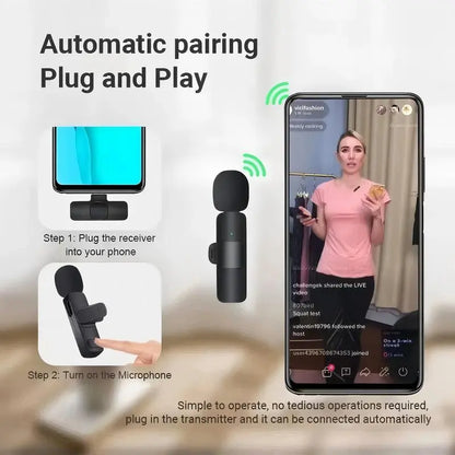 Wireless Lavalier Microphone with USB-C Receiver, Rechargeable Clip-On Mic for Smartphones, Tablets, Vlogging, Interviews and Audio Recording