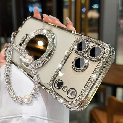 Women'S Transparent HD Phone Case for Iphone 12/13 Pro/14 Plus/14/15/16/17/18 Pro Max,17 Air,15/16 plus - Mirror Design, Handheld Stand, Shiny Frame, Shockproof Full-Body Shell, Drop Resistant Phone Accessories